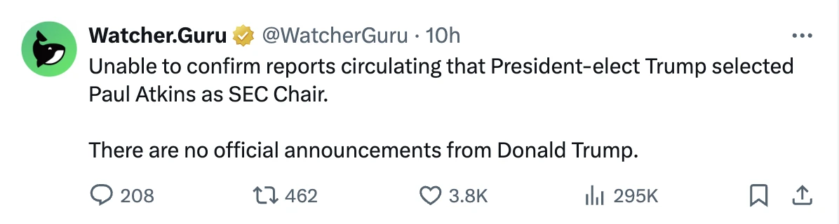 The next SEC chairman candidate is announced, and Reserve Protocol becomes the biggest winner