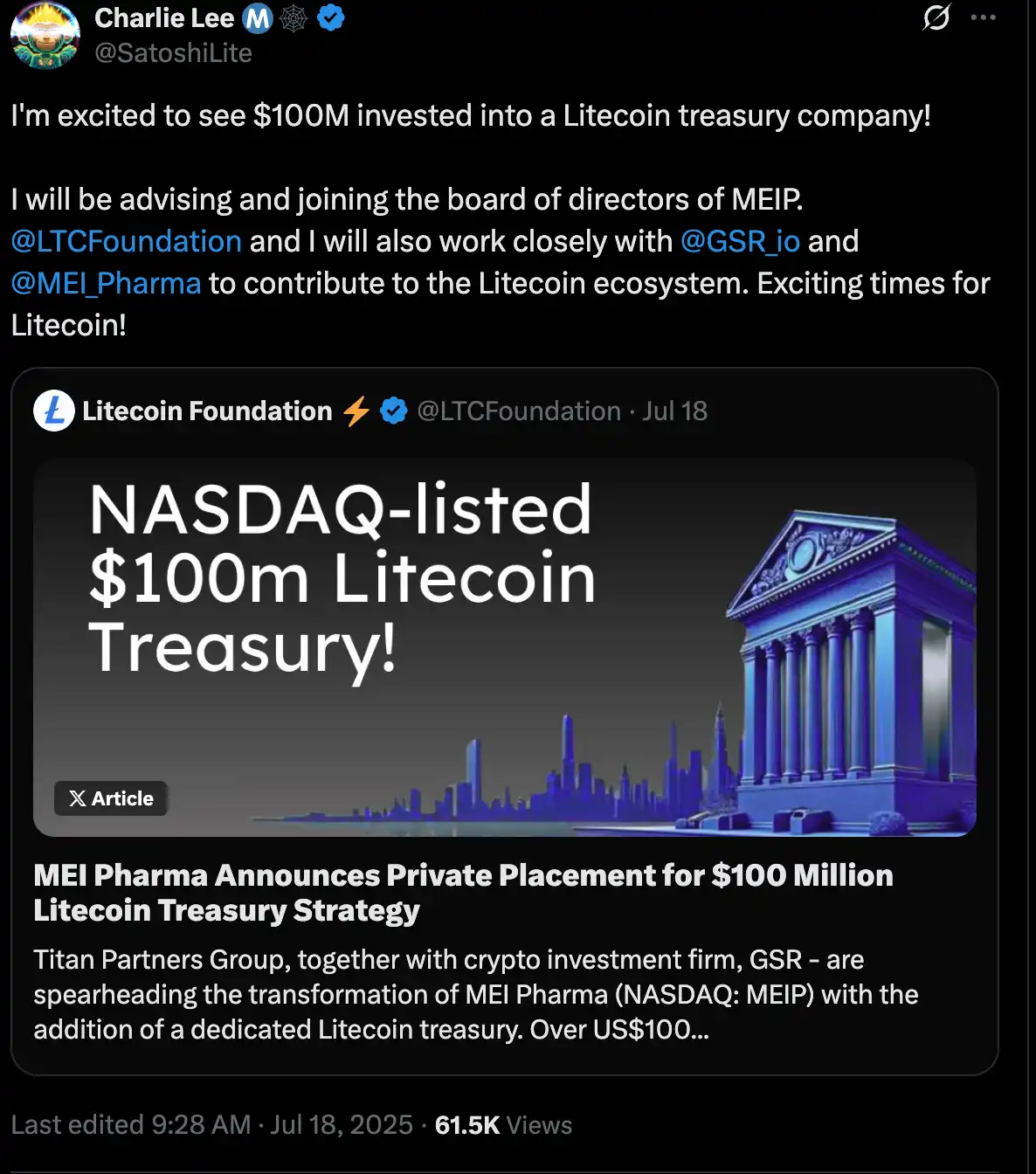 MEI Pharma bets 100 million yuan on Litecoin, is the altcoin micro-strategy craze coming?