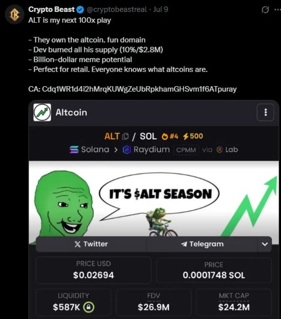 ALT tokens returned to zero in four hours, Crypto Beasts multi-million dollar harvest