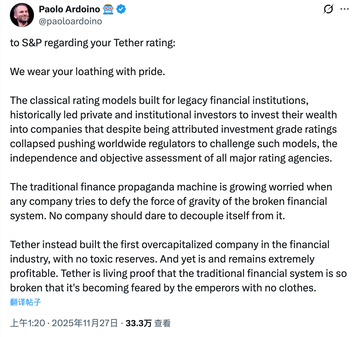 S&P gave Tether the worst rating; which other stablecoins would it approve of?