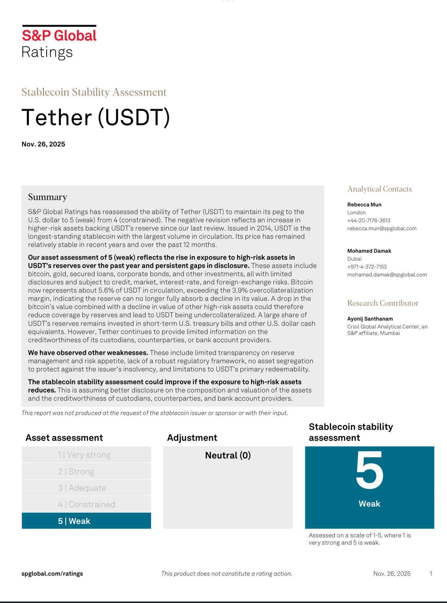 S&P gave Tether the worst rating; which other stablecoins would it approve of?